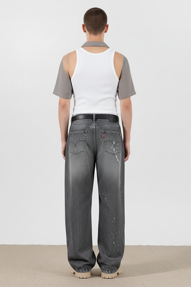 Pantalon Baggy Gris Délavé Imprimé Ample Streetwear - Jean - vue 2
