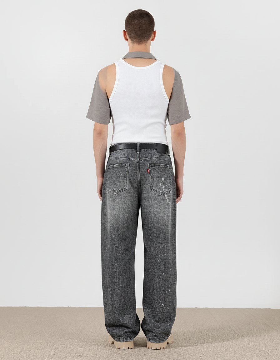 Pantalon Baggy Gris Délavé Imprimé Ample Streetwear - Jean - vue 2