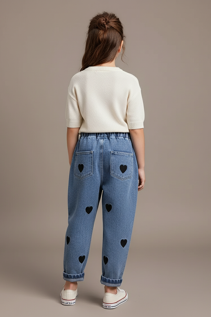 Pantalon Baggy Jean Bleu Cœurs Noirs Ample Enfant - vue 2