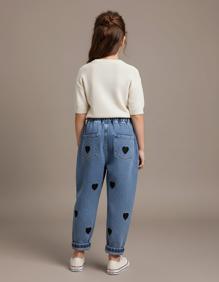 Pantalon Baggy Jean Bleu Cœurs Noirs Ample Enfant - vue 2