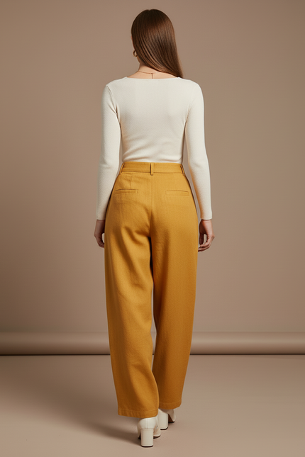 Pantalon Baggy Jaune Moutarde Lin Chaîne Élastique Fluide Élégant - vue 2