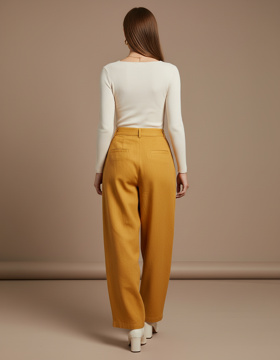 Pantalon Baggy Jaune Moutarde Lin Chaîne Élastique Fluide Élégant - vue 2