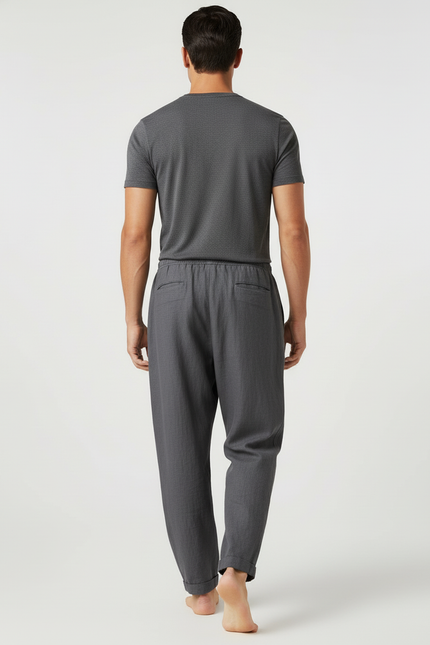 Pantalon Baggy Gris Lin Ample Décontracté Cordon Homme - vue 2