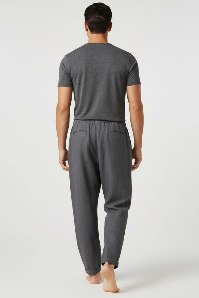 Pantalon Baggy Gris Lin Ample Décontracté Cordon Homme - vue 2