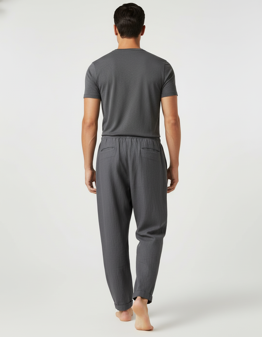Pantalon Baggy Gris Lin Ample Décontracté Cordon Homme - vue 2