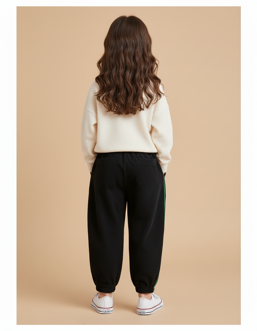 Pantalon Baggy Noir Côtelé Ample Lettre Vert Enfant - Cordé - vue 2