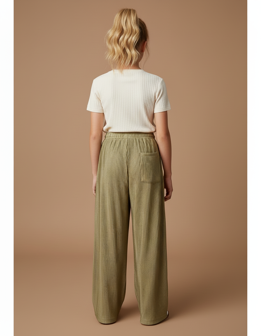 Pantalon Baggy Plissé Vert Ample Fluide Fille - Kaki Polyester - vue 2