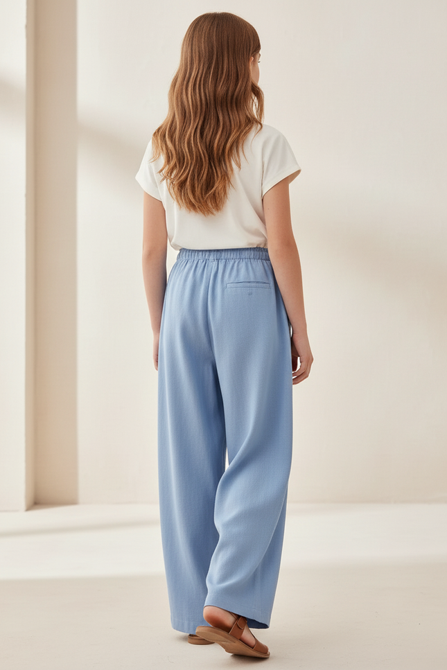 Pantalon Baggy Bleu Ciel Coton Lin Ample Cordon - vue 2