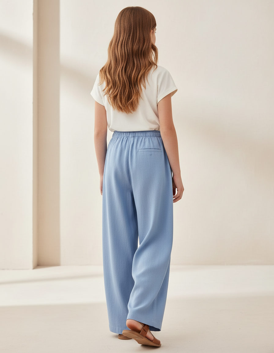 Pantalon Baggy Bleu Ciel Coton Lin Ample Cordon - vue 2