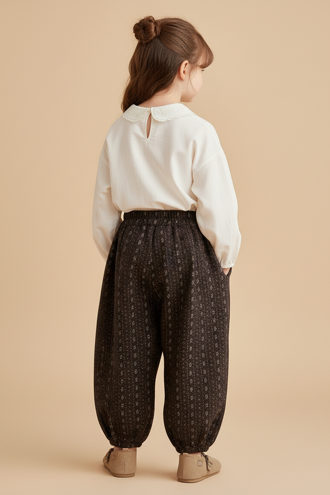 Pantalon Baggy Marron Ample Imprimé Floral Hivernal Enfant - Molleton - vue 2