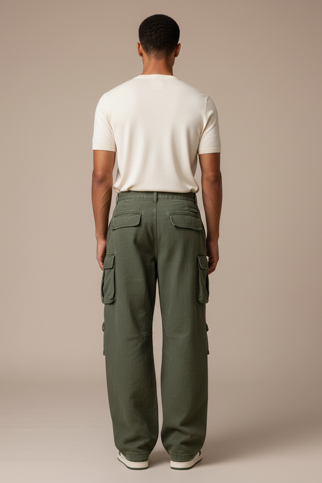 Pantalon Baggy Vert Militaire Ample Multi-Poches - Kaki Toile - vue 2