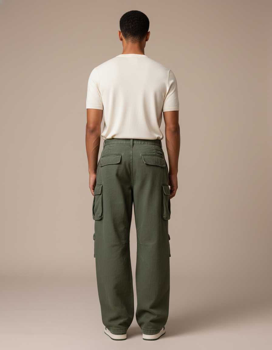 Pantalon Baggy Vert Militaire Ample Multi-Poches - Kaki Toile - vue 2