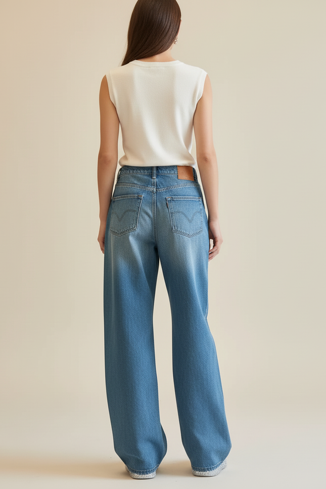 Pantalon Baggy Denim Large Perles Dentelle Y2K Élégant - Bleu Jean - vue 2