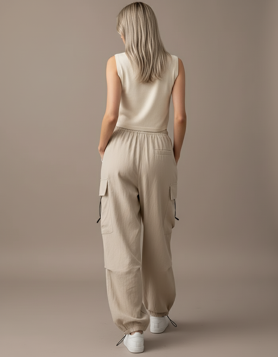 Pantalon Baggy Beige Cargo Ample Multi-Poches Femme - Toile - vue 2