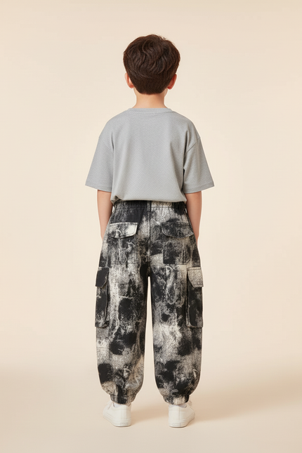 Pantalon Baggy Cargo Imprimé Encre Noir Blanc Garçon - Toile - vue 2