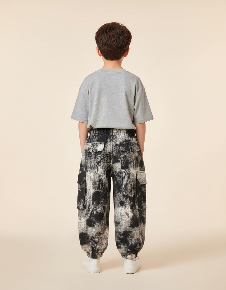 Pantalon Baggy Cargo Imprimé Encre Noir Blanc Garçon - Toile - vue 2