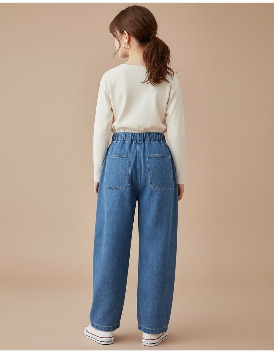 Pantalon Baggy Bleu Jean Ample Élastiqué Fille - vue 2