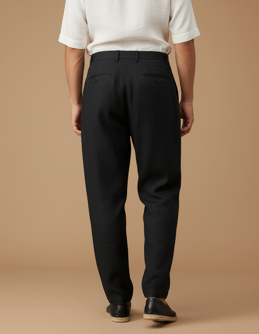 Pantalon Baggy Noir Lin Plissé Droit Homme - vue 2