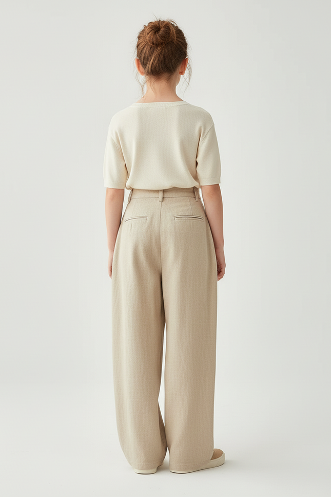 Pantalon Baggy Beige Ample Lin Taille Haute - vue 2