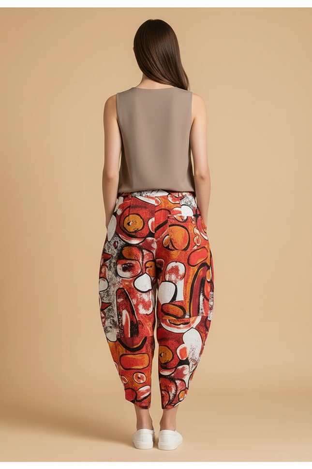 Pantalon Baggy Abstrait Rouge Ample Fluide Femme - Multicolore Lin - vue 2