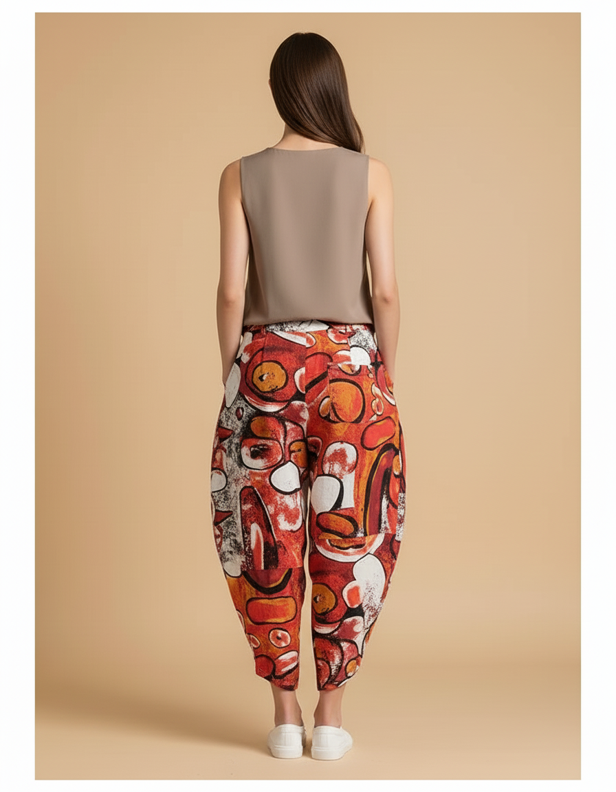 Pantalon Baggy Abstrait Rouge Ample Fluide Femme - Multicolore Lin - vue 2