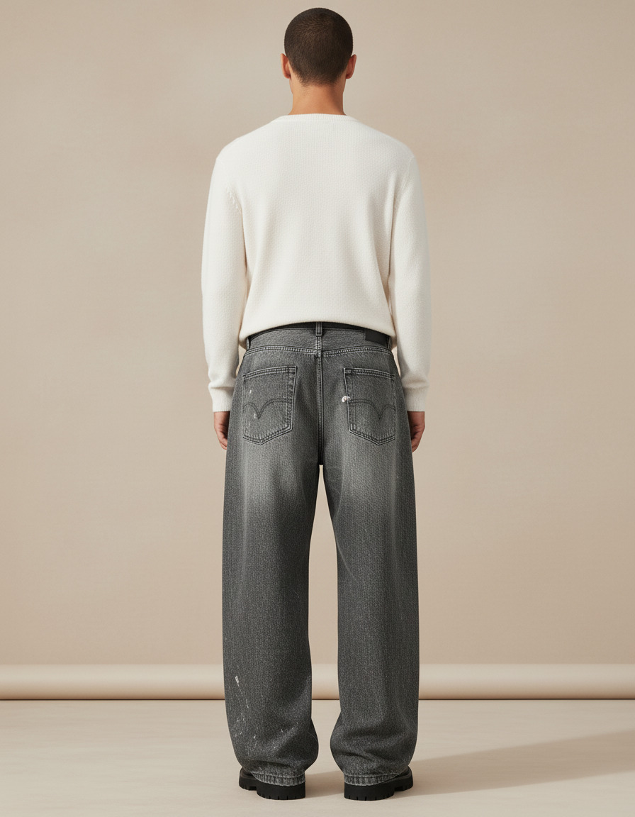Pantalon Baggy Gris Délavé Ample Peint Homme - Jean - vue 2