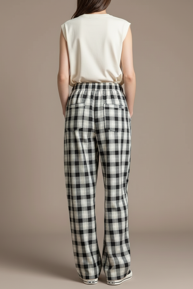 Pantalon Baggy Plaid Noir Blanc Ample Décontracté - Imprimé Coton - vue 2
