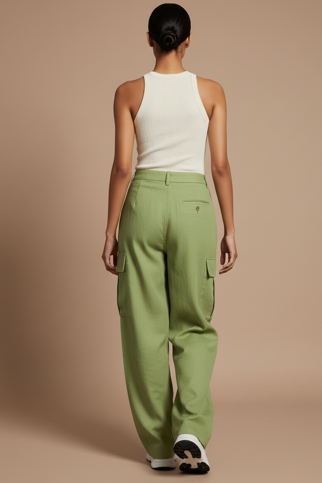 Pantalon Baggy Vert Ample Cargo Taille Haute - Lin - vue 2