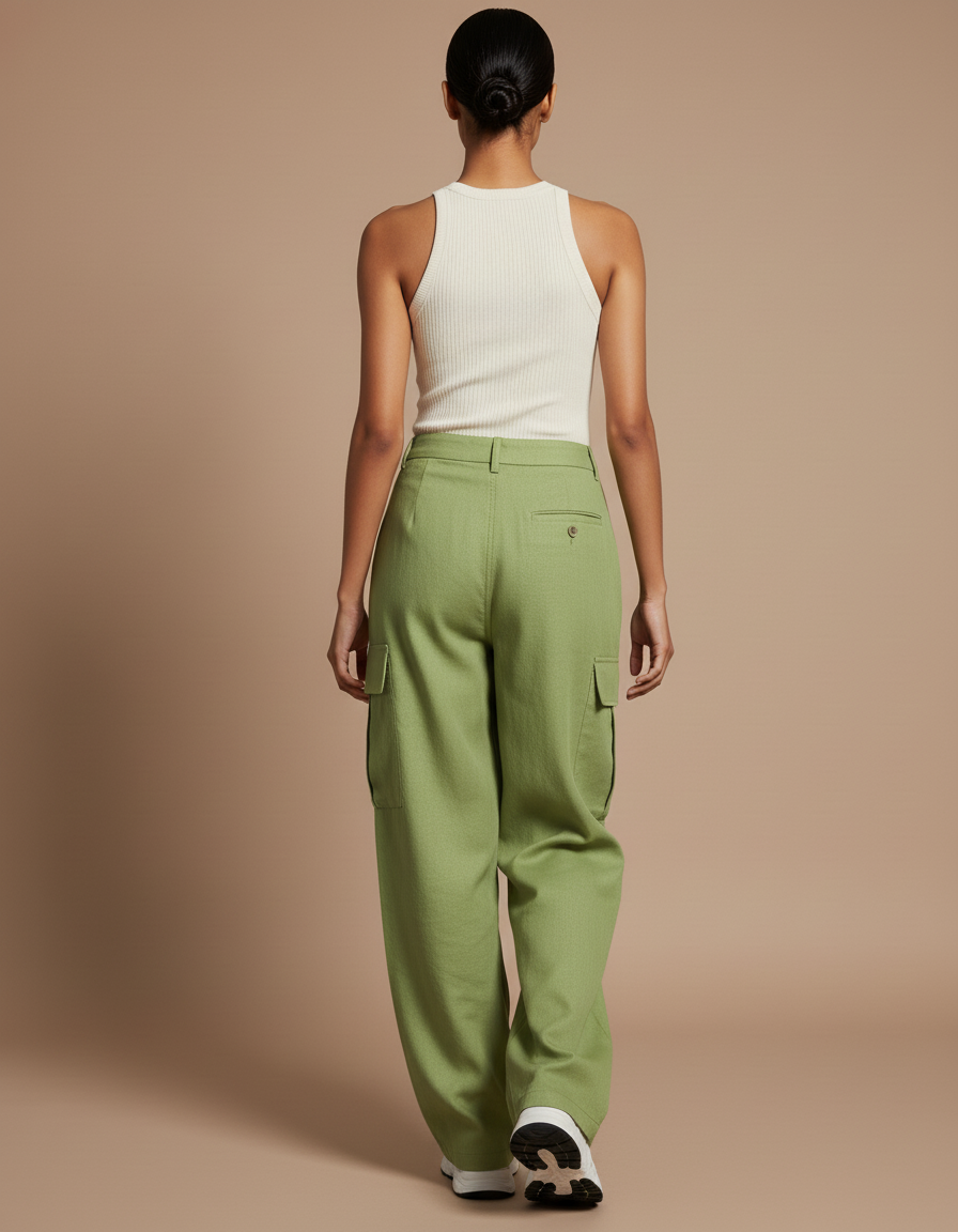 Pantalon Baggy Vert Ample Cargo Taille Haute - Lin - vue 2