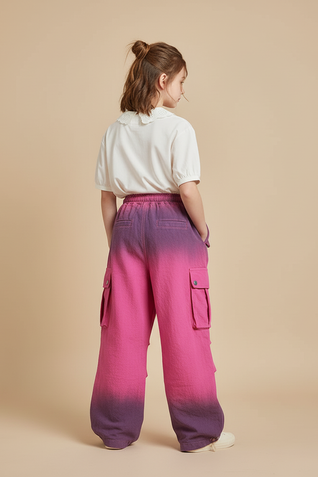 Pantalon Baggy Dégradé Rose Violet Cargo Ample Fille - Multicolore Coton - vue 2