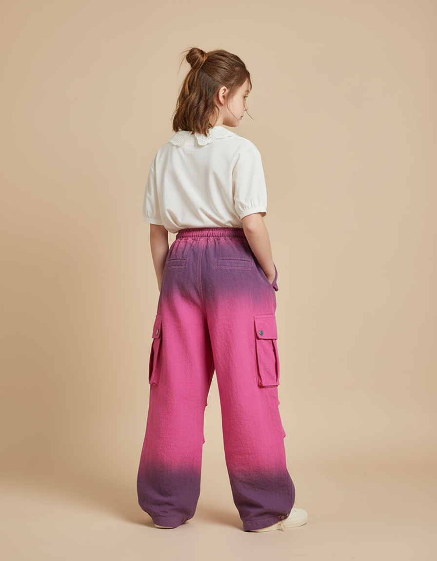 Pantalon Baggy Dégradé Rose Violet Cargo Ample Fille - Multicolore Coton - vue 2