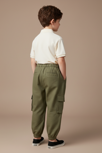 Pantalon Baggy Cargo Vert Olive Garçon Décontracté - Kaki Toile - vue 2