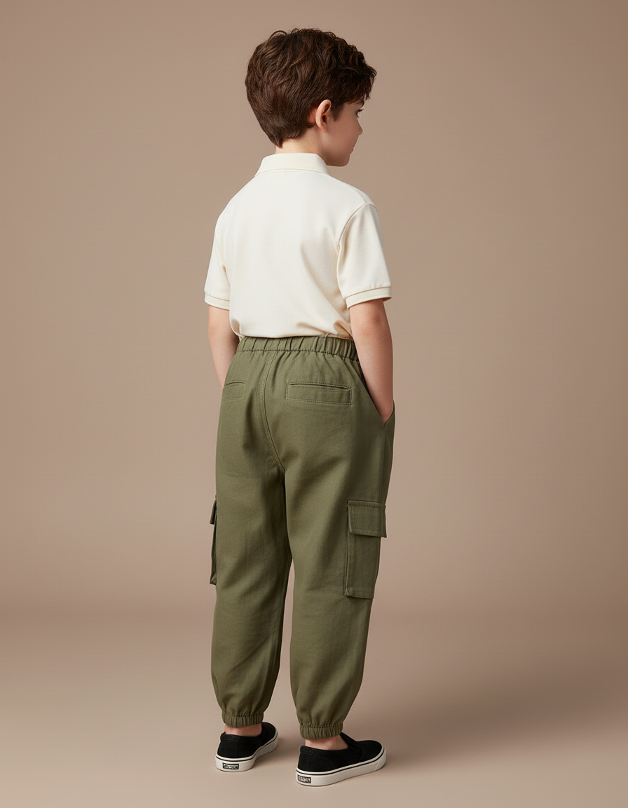 Pantalon Baggy Cargo Vert Olive Garçon Décontracté - Kaki Toile - vue 2