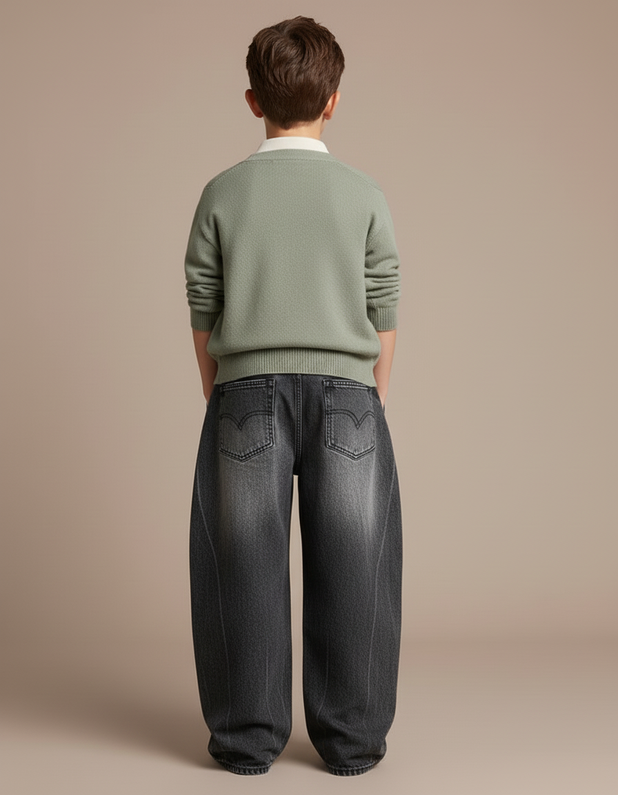 Pantalon Baggy Gris Délavé Ample Large Plissé Enfant - Jean - vue 2