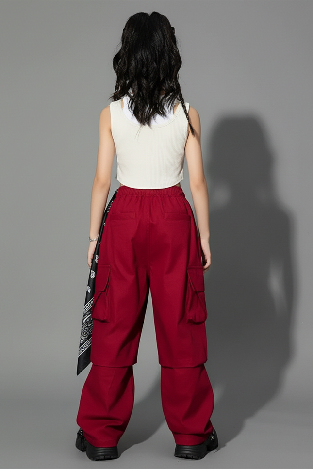 Pantalon Baggy Rouge Cargo Ample Streetwear Fille - Bordeaux Coton - vue 2