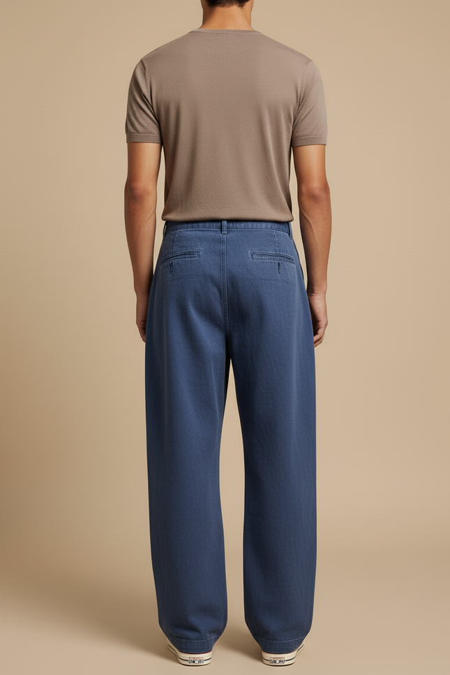 Pantalon Baggy Bleu Jean Ample Décontracté Plissé Homme - vue 2