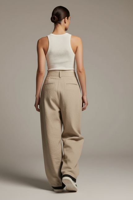 Pantalon Baggy Beige Ample Plissé Lin Femme - vue 2