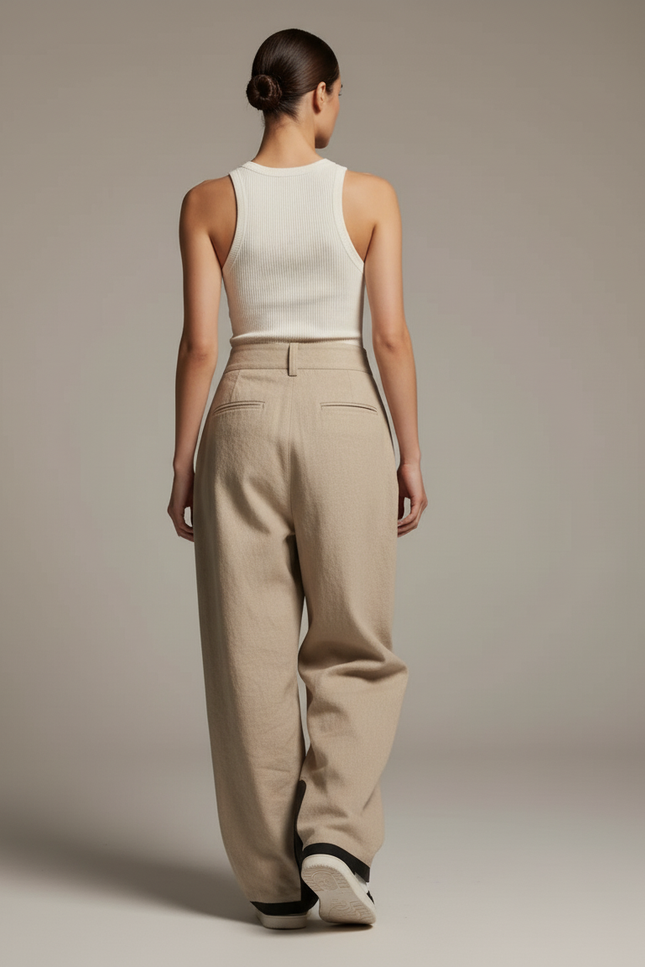 Pantalon Baggy Beige Ample Plissé Lin Femme - vue 2