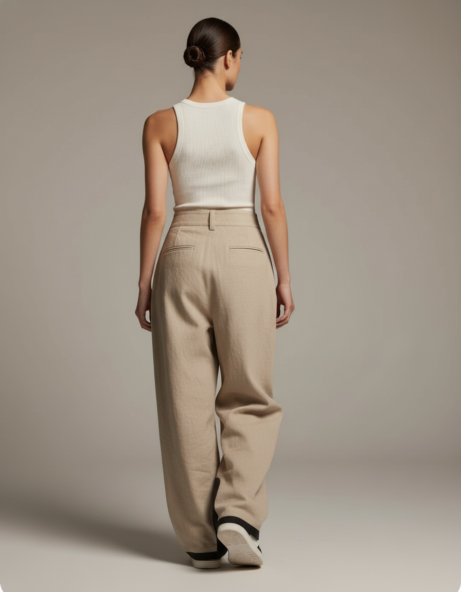 Pantalon Baggy Beige Ample Plissé Lin Femme - vue 2