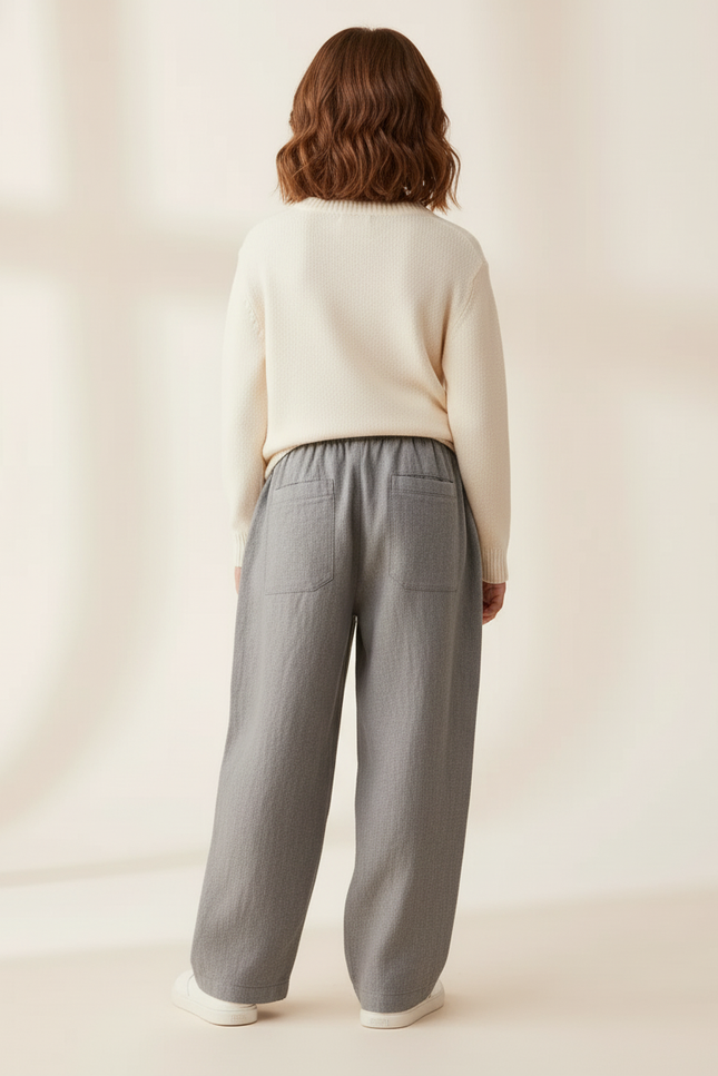 Pantalon Baggy Fille Gris Taille Élastique - Lin - vue 2