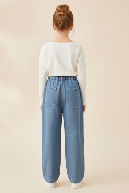 Pantalon Baggy Denim Ample Uni Décontracté Fille - Bleu Jean - vue 2