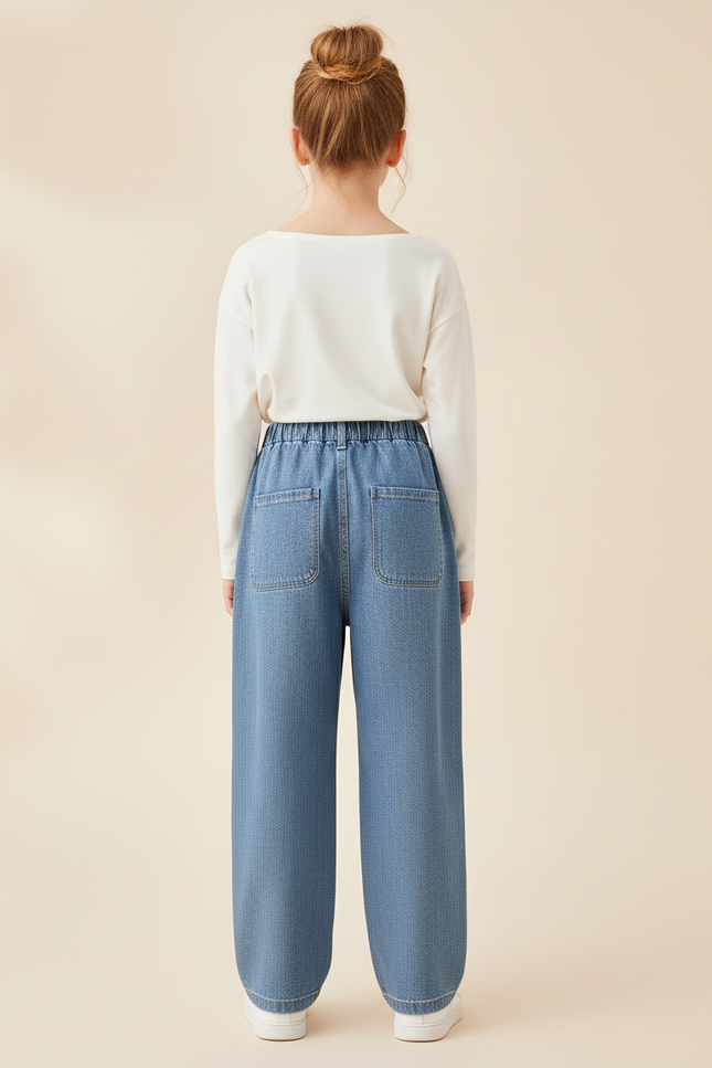 Pantalon Baggy Denim Ample Uni Décontracté Fille - Bleu Jean - vue 2