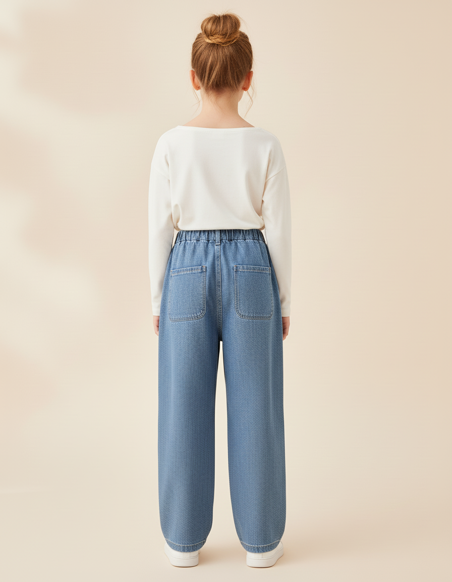 Pantalon Baggy Denim Ample Uni Décontracté Fille - Bleu Jean - vue 2