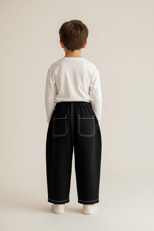 Pantalon Baggy Noir Ample Surpiqûres Blanches Décontracté - Toile - vue 2