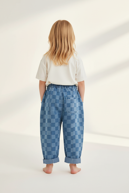 Pantalon Baggy Denim Carreaux Bleus Ample Confortable Enfant - Jean - vue 2