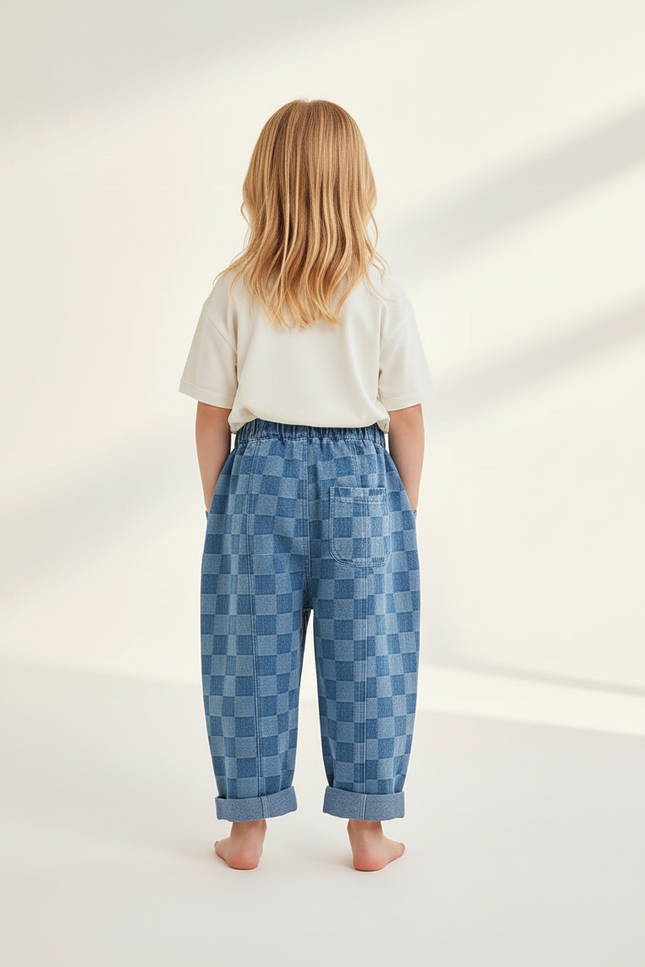Pantalon Baggy Denim Carreaux Bleus Ample Confortable Enfant - Jean - vue 2