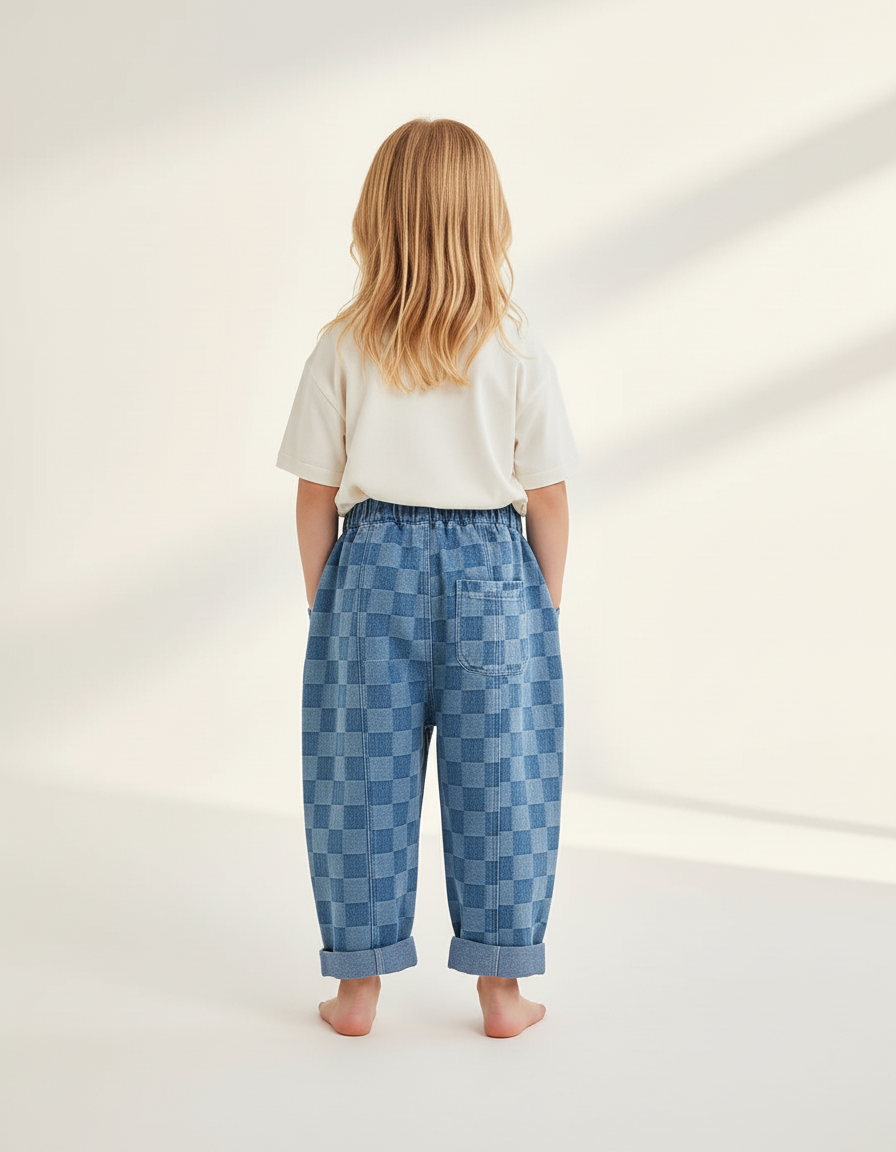 Pantalon Baggy Denim Carreaux Bleus Ample Confortable Enfant - Jean - vue 2
