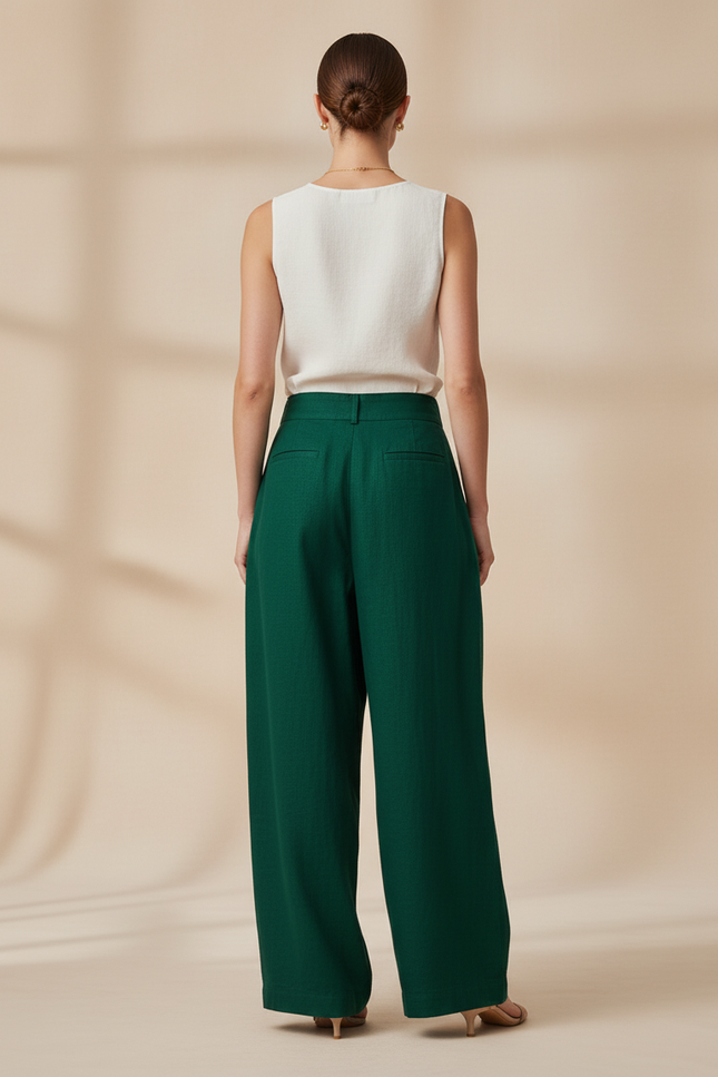 Pantalon Baggy Vert Émeraude Ample Lin Plissé - vue 2