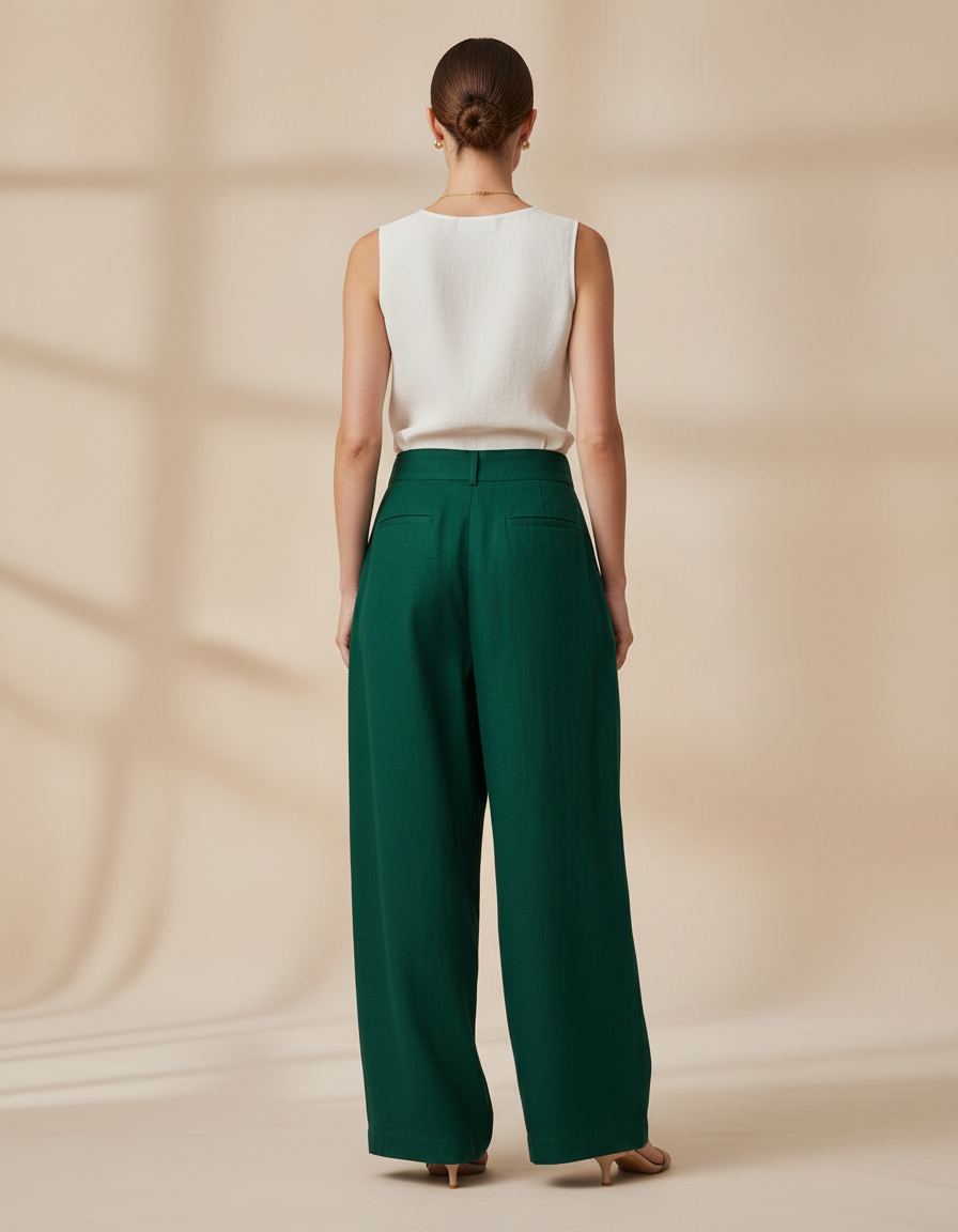 Pantalon Baggy Vert Émeraude Ample Lin Plissé - vue 2