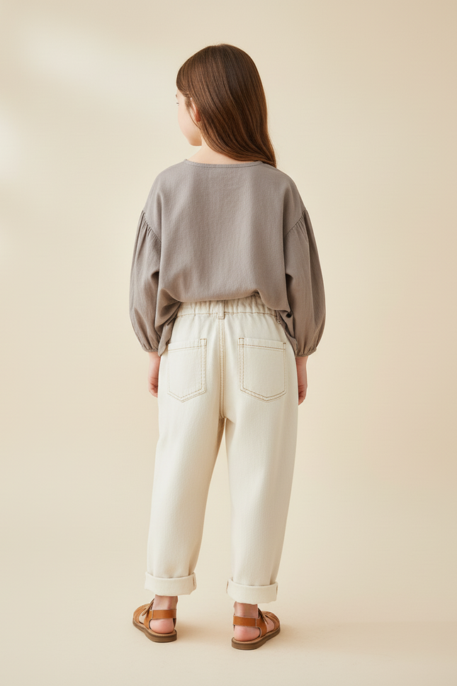 Pantalon Baggy Crème Ample Coton Enfant Décontracté - Beige - vue 2